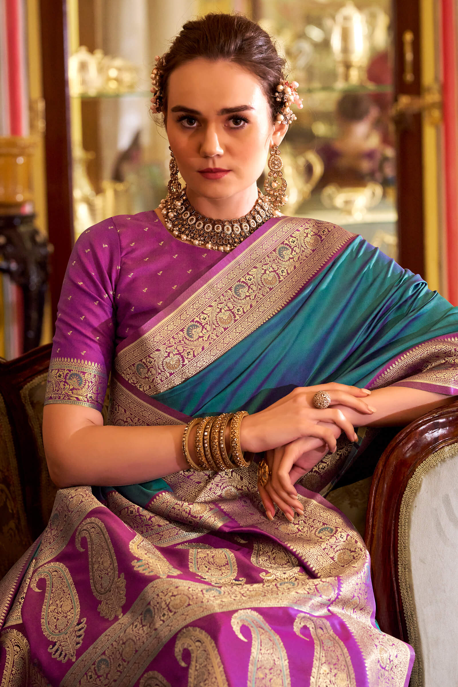 Piquant Rama Soft Banarasi Silk Saree With Verdant Blouse Piece - Image 2