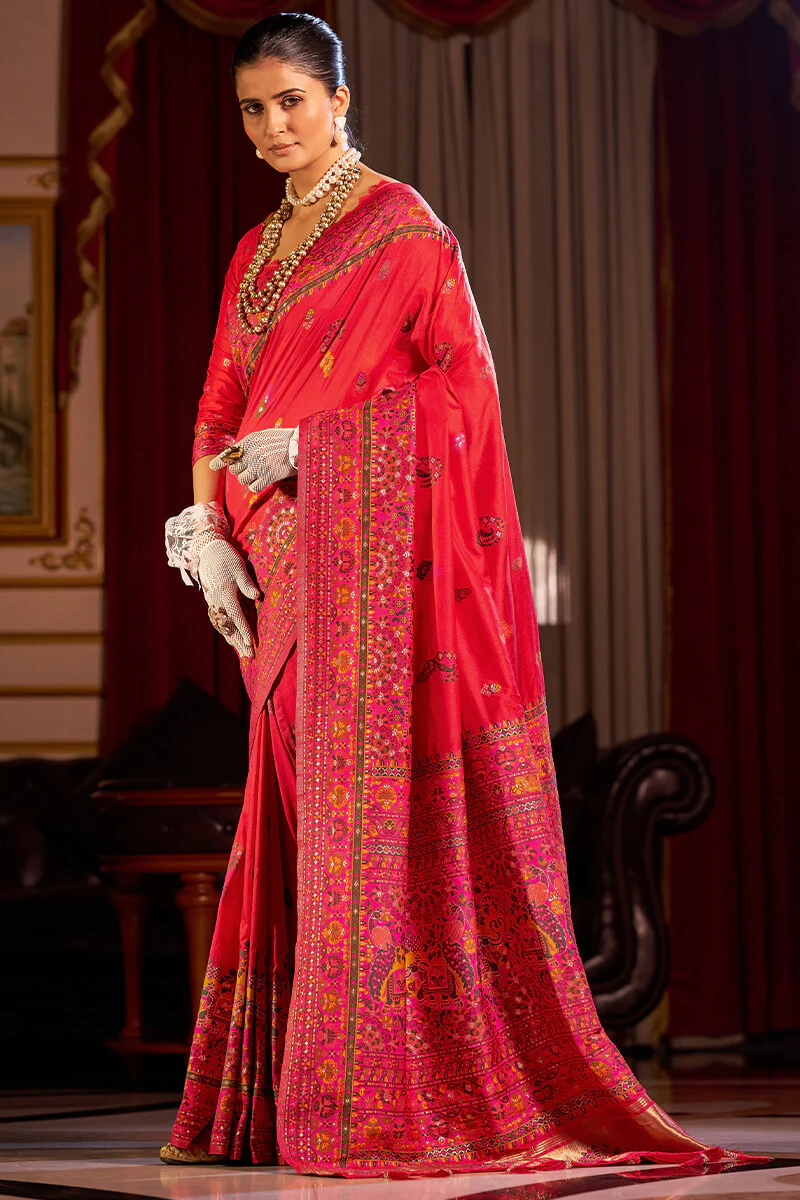 Piquant Red Pashmina Saree With Bucolic Blouse Piece - Image 3