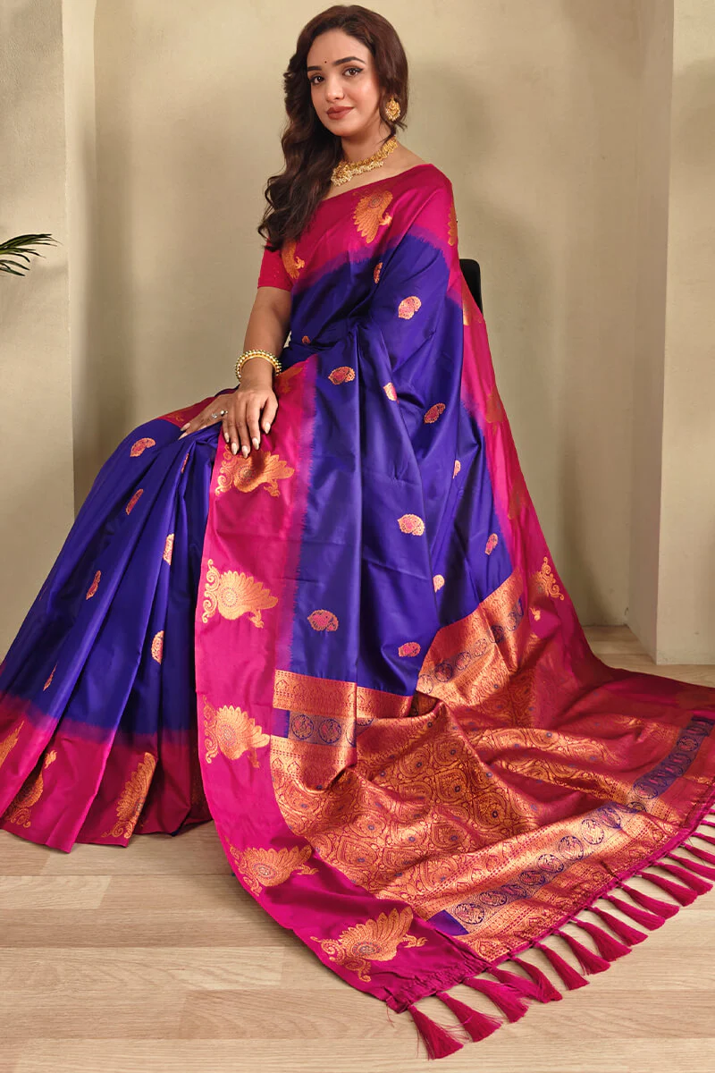 Piquant Royal Blue Soft Banarasi Silk Saree With Nemesis Blouse Piece - Image 2