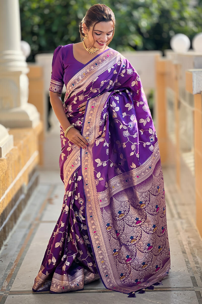 Piquant Royal Purple Soft Banarasi Silk Saree With Effulgent Blouse Piece - Image 3