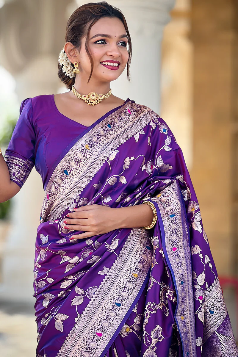 Piquant Royal Purple Soft Banarasi Silk Saree With Effulgent Blouse Piece - Image 4