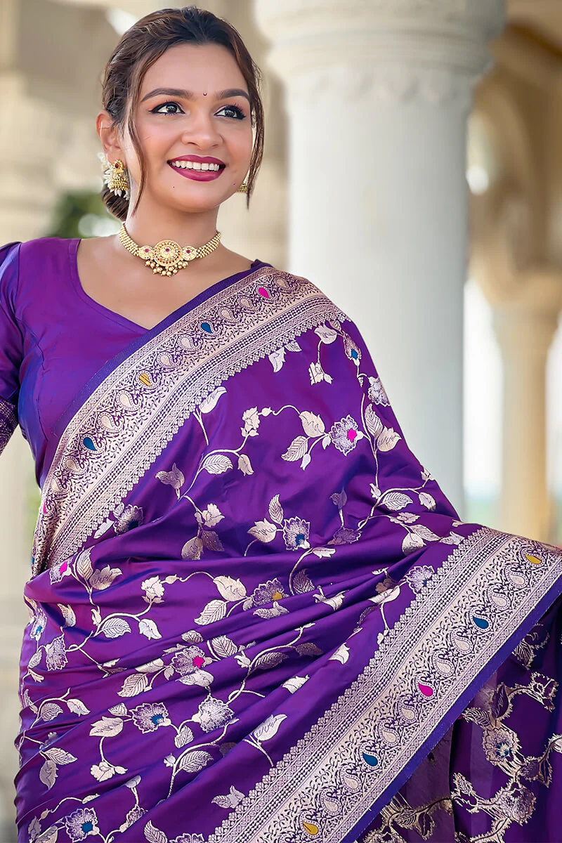 Piquant Royal Purple Soft Banarasi Silk Saree With Effulgent Blouse Piece - Image 5