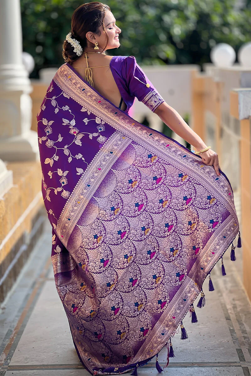 Piquant Royal Purple Soft Banarasi Silk Saree With Effulgent Blouse Piece - Image 6