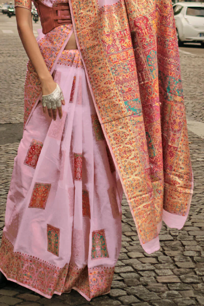 Pleasant Baby Pink Pashmina saree With Vivacious Blouse Piece - Image 3
