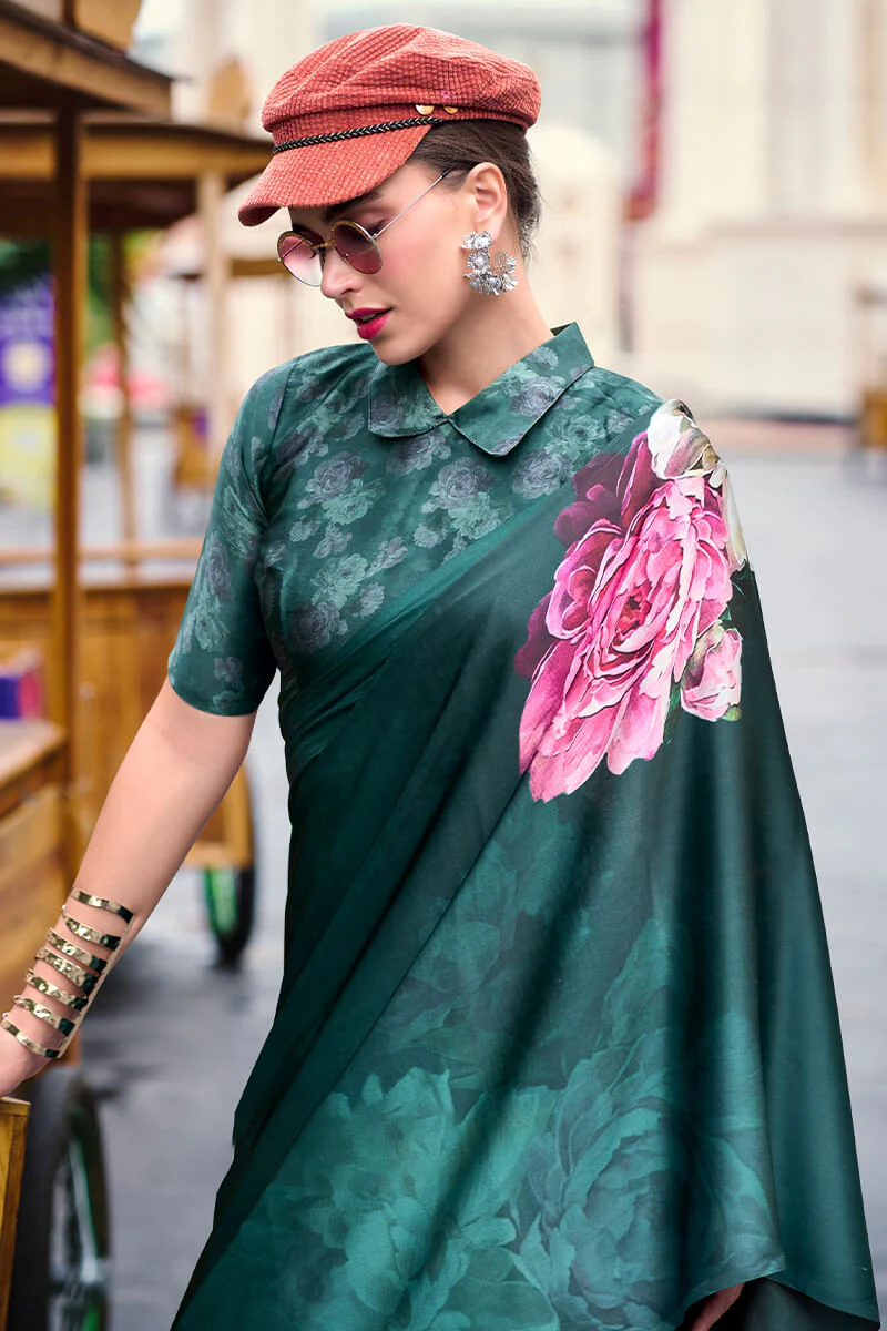 Pleasant Dark Green Digital Printed Satin Silk Saree With Stunner Blouse Piece - Image 2