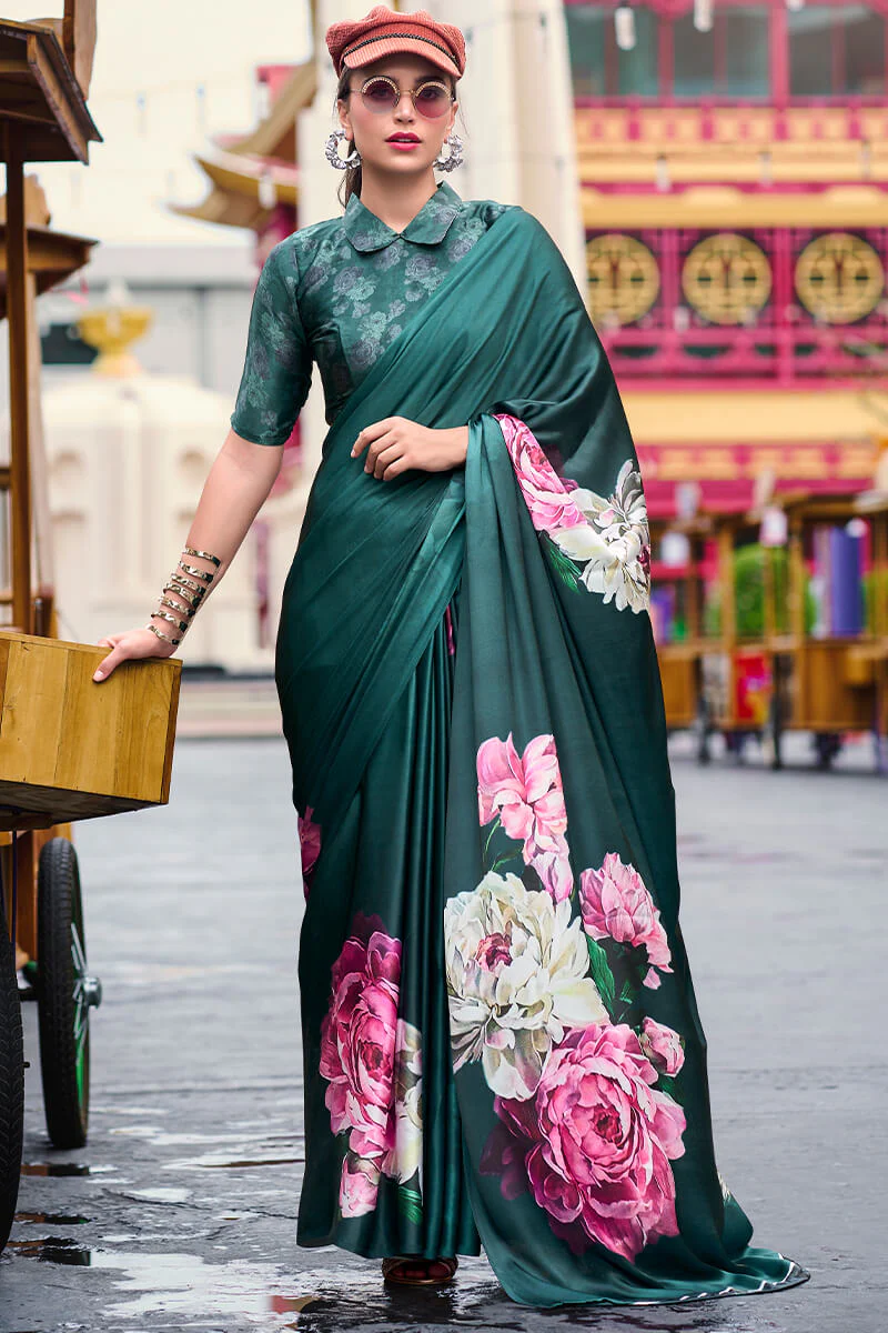 Pleasant Dark Green Digital Printed Satin Silk Saree With Stunner Blouse Piece - Image 3