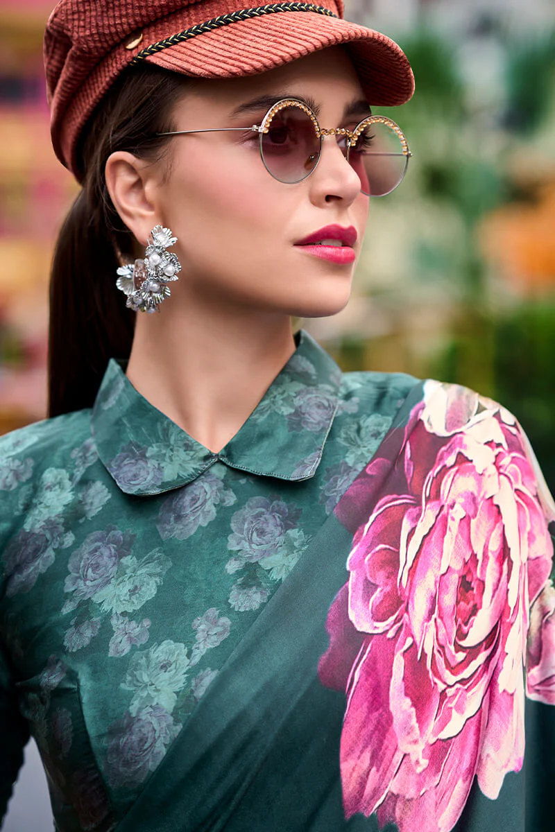 Pleasant Dark Green Digital Printed Satin Silk Saree With Stunner Blouse Piece - Image 4