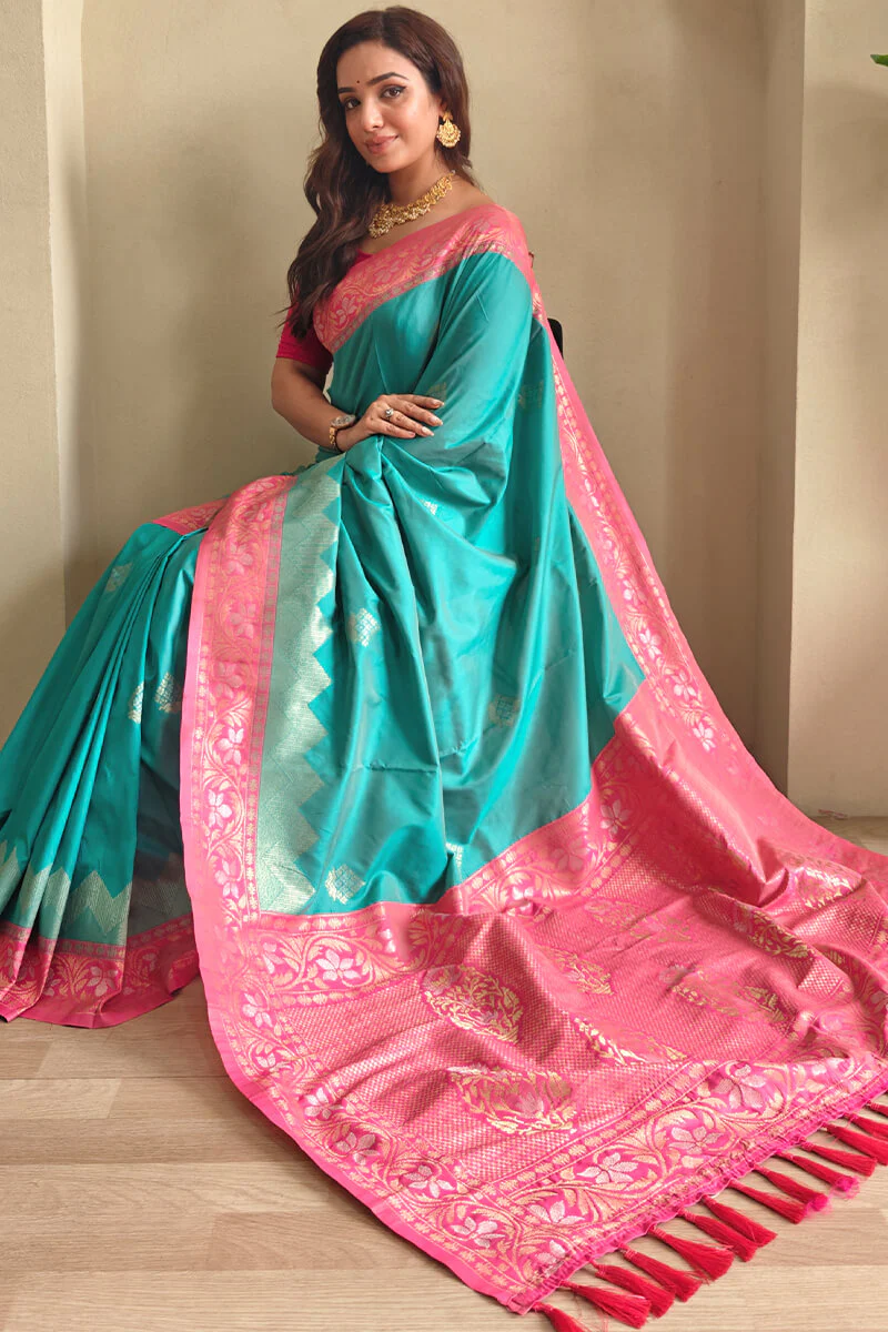 Pleasant Firozi Soft Banarasi Silk Saree With Classic Blouse Piece - Image 3
