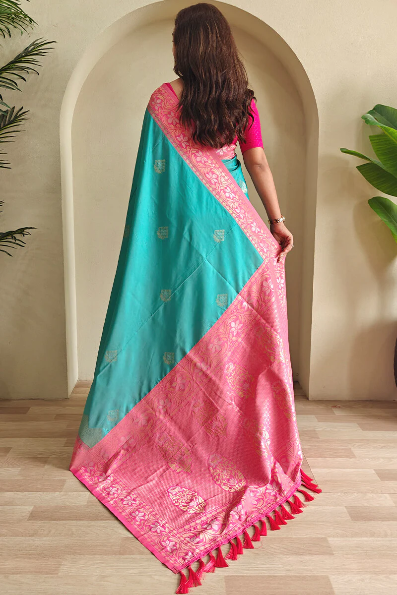Pleasant Firozi Soft Banarasi Silk Saree With Classic Blouse Piece - Image 4