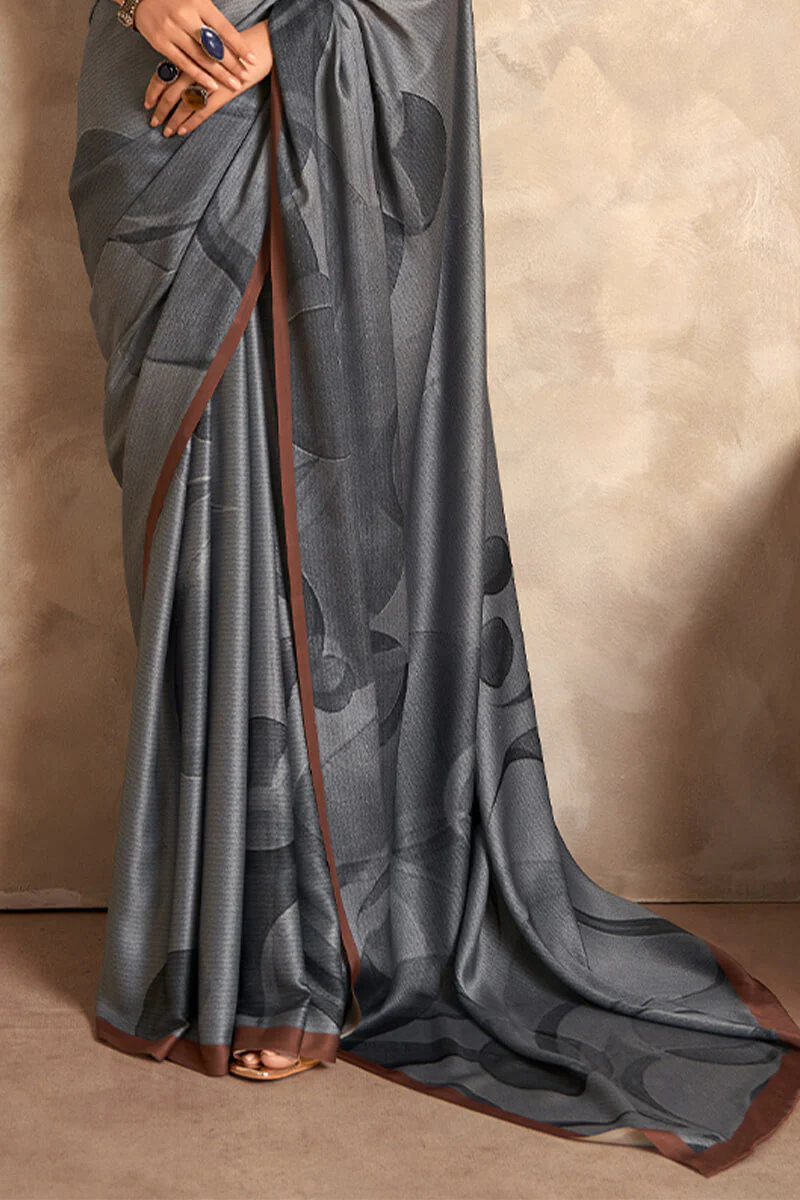 Pleasant Grey Digital Printed Satin Silk Saree With Glorious Blouse Piece - Image 3