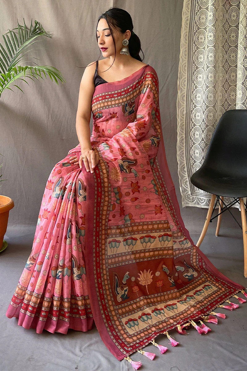 Pleasant Pink Kalamkari Printed Saree With Adoring Blouse Piece - Image 3