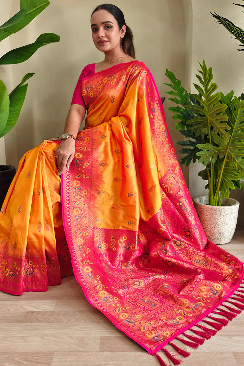 Pleasant Yellow Soft Banarasi Silk Saree With Forbearance Blouse Piece - Image 3
