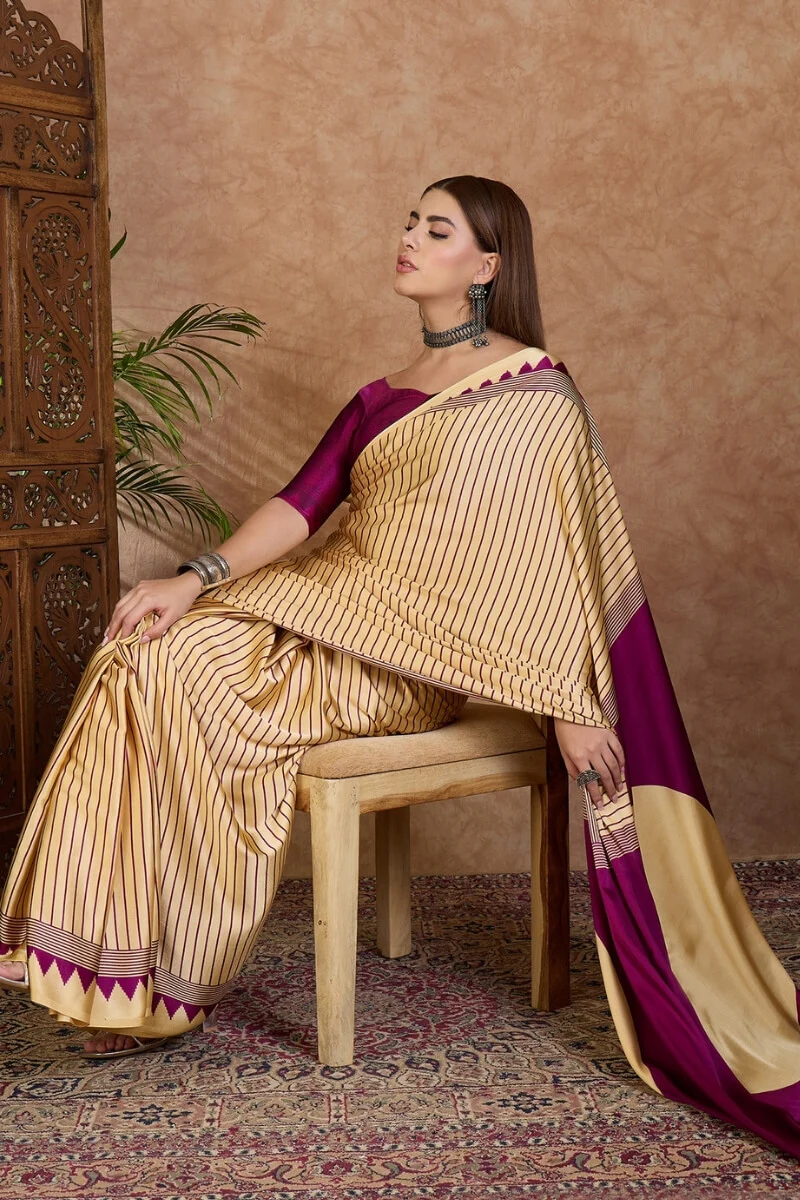 Pleasurable Beige Ajrakh Printed Semi Modal Silk Saree With Profuse Blouse Piece - Image 4