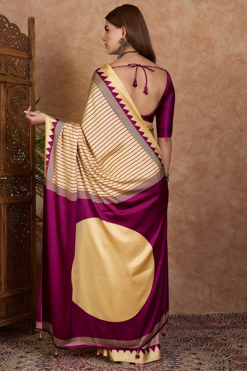 Pleasurable Beige Ajrakh Printed Semi Modal Silk Saree With Profuse Blouse Piece - Image 7