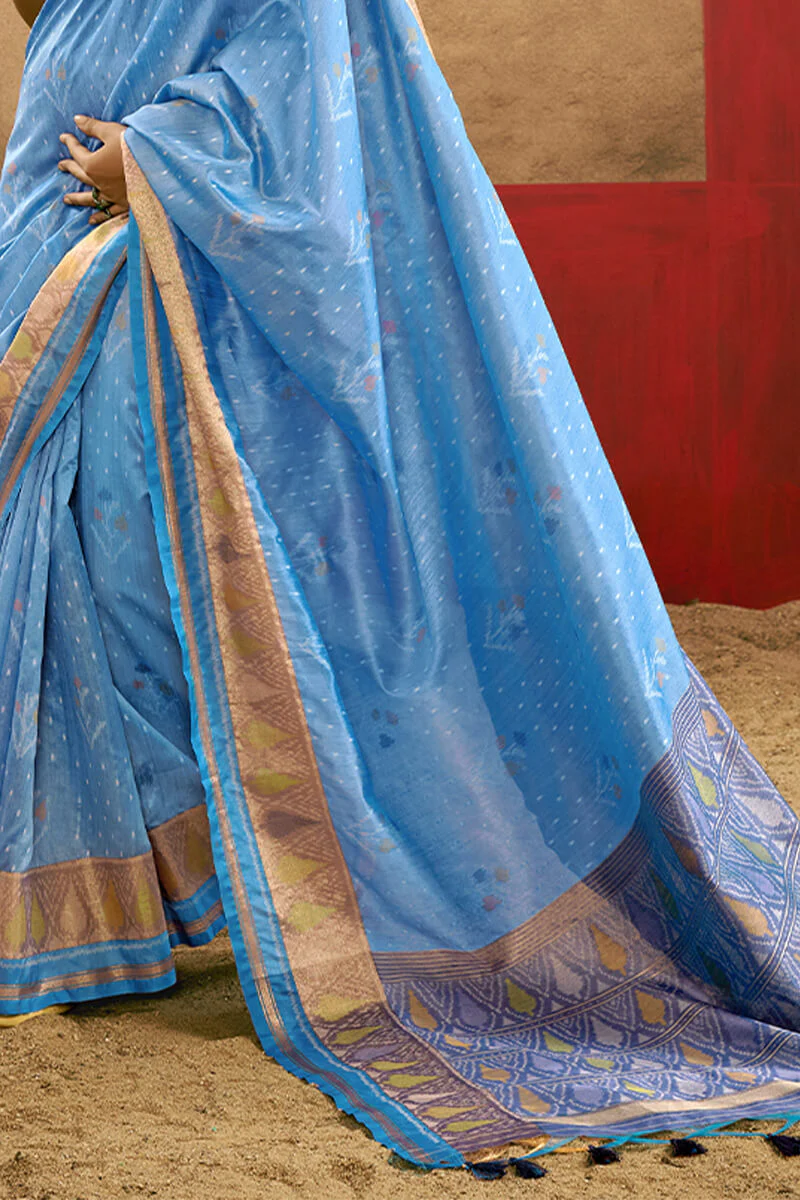 Pleasurable Firozi Soft Banarasi Silk Saree With Dazzling Blouse Piece - Image 3