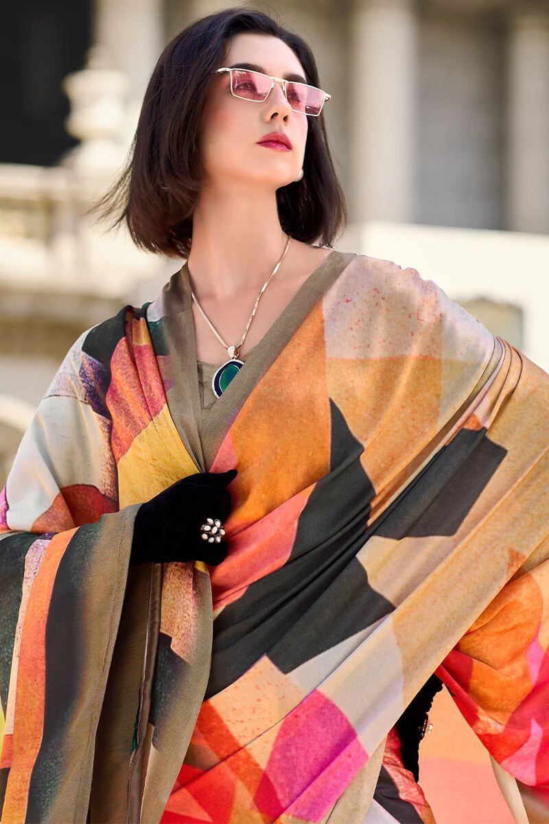 Pleasurable Multicolor Digital Printed Satin Silk Saree With Amiable Blouse Piece - Image 2