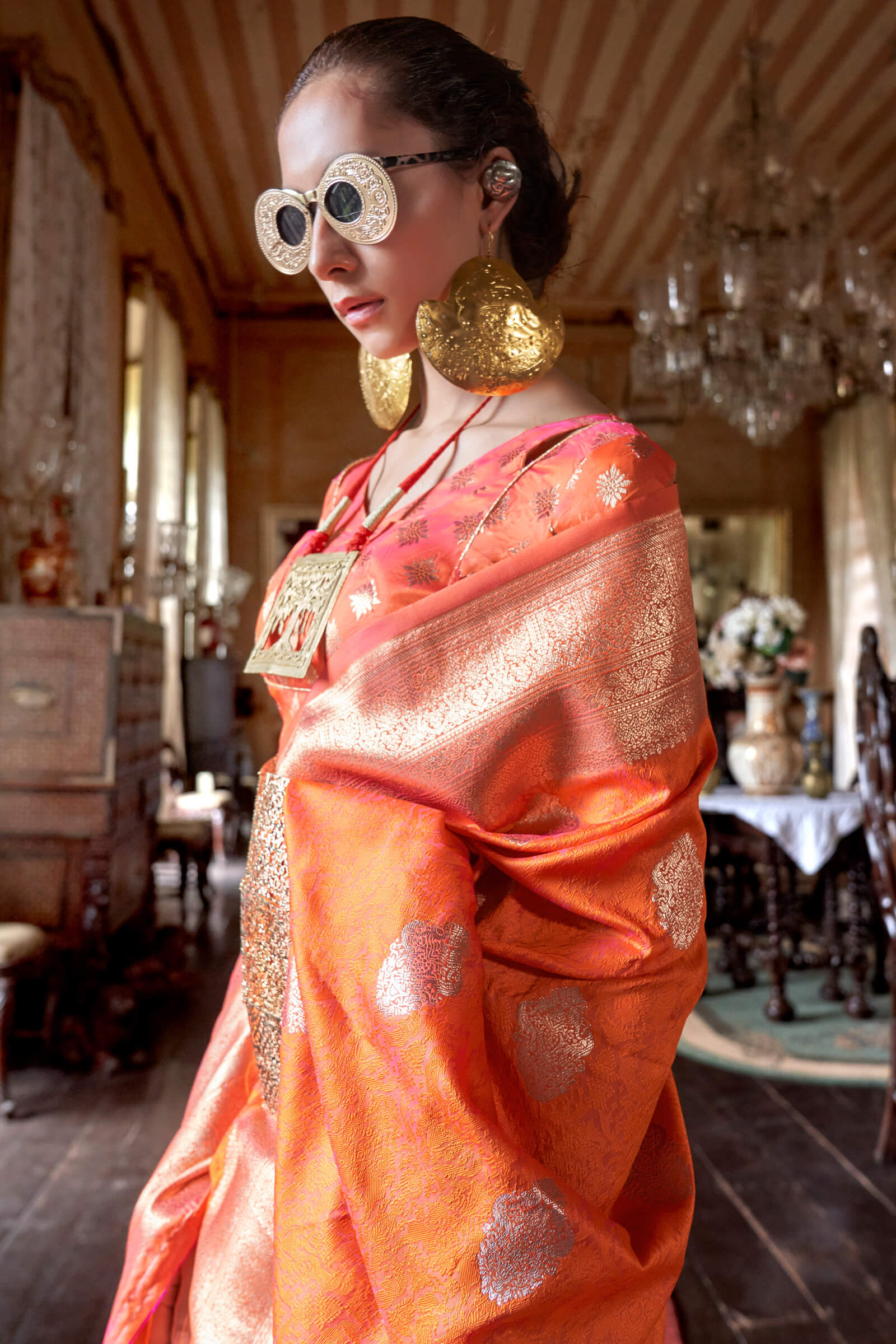 Pleasurable Orange Soft Banarasi Silk Saree With Nebula Blouse Piece - Image 2