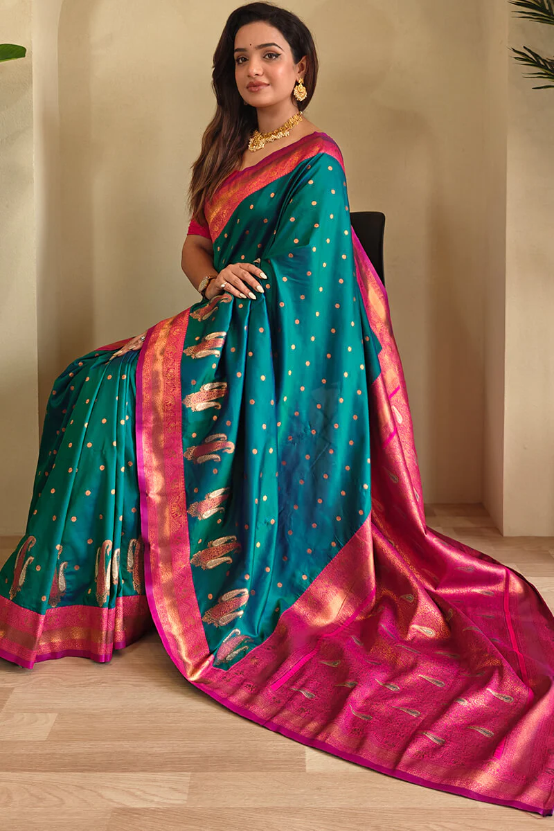 Pleasurable Rama Soft Banarasi Silk Saree With Transcendent Blouse Piece - Image 2