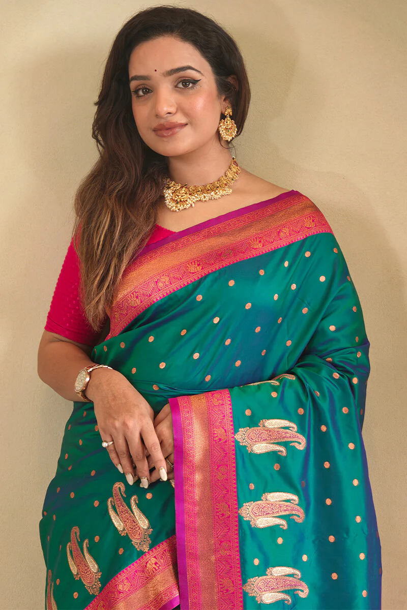 Pleasurable Rama Soft Banarasi Silk Saree With Transcendent Blouse Piece - Image 3