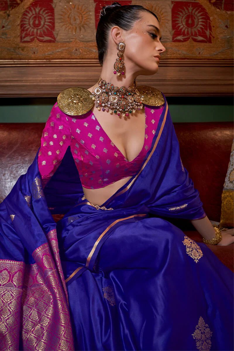 Pleasurable Royal Blue Banarasi Satin Silk Saree With Fragrant Blouse - Image 2