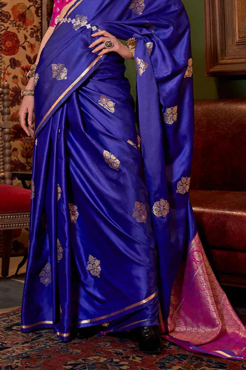 Pleasurable Royal Blue Banarasi Satin Silk Saree With Fragrant Blouse - Image 3