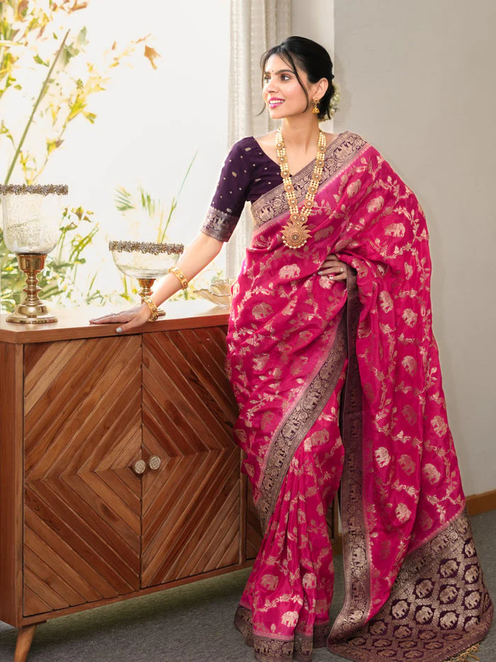 Posh Dark Pink Soft Silk Saree With Exuberant Blouse Piece