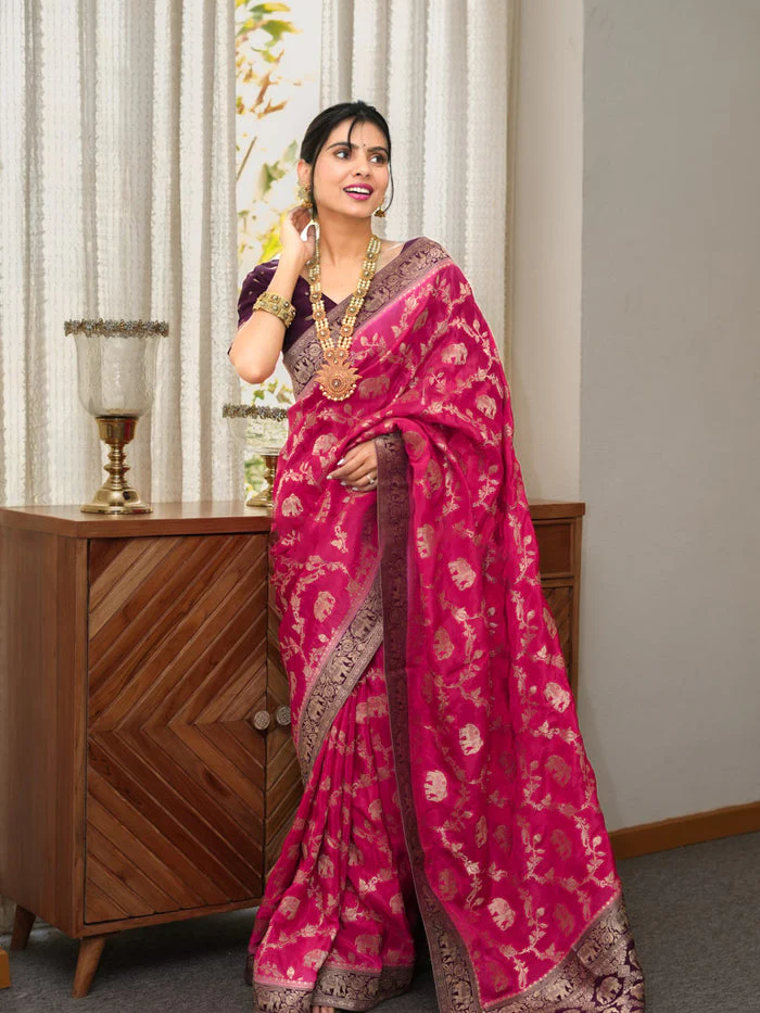 Posh Dark Pink Soft Silk Saree With Exuberant Blouse Piece - Image 3