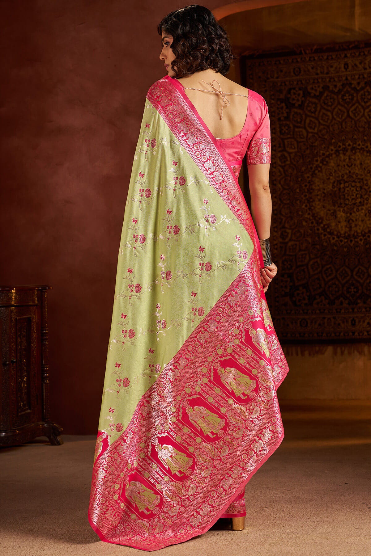 Posh Pista Pure Zari Weaving Banarasi Silk Saree With Refreshing Blouse Piece - Image 5