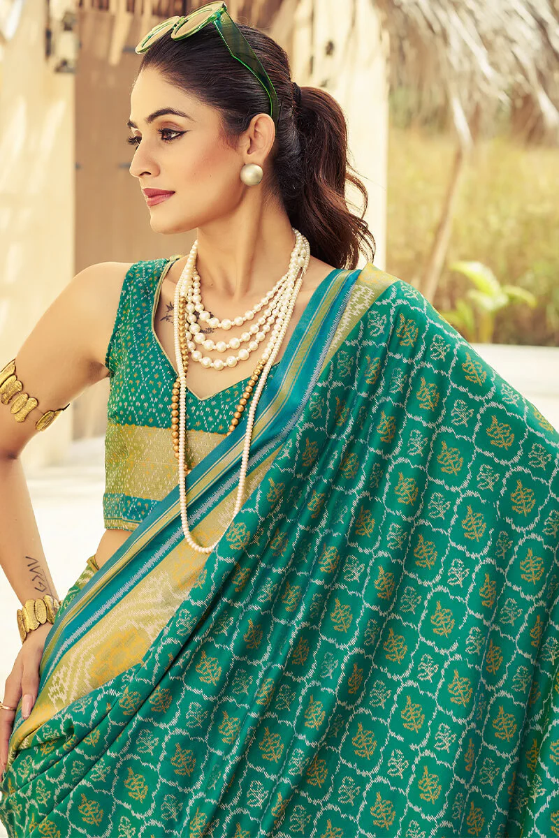 Posh Rama Soft Banarasi Silk Saree With Verdant Blouse Piece - Image 2