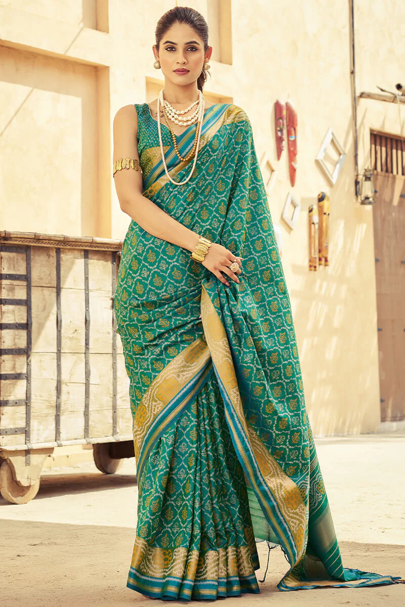 Posh Rama Soft Banarasi Silk Saree With Verdant Blouse Piece - Image 4