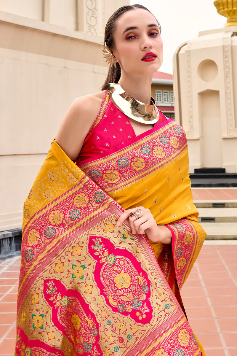 Posh Yellow Soft Banarasi Silk Saree With Scrumptious Blouse Piece - Image 2