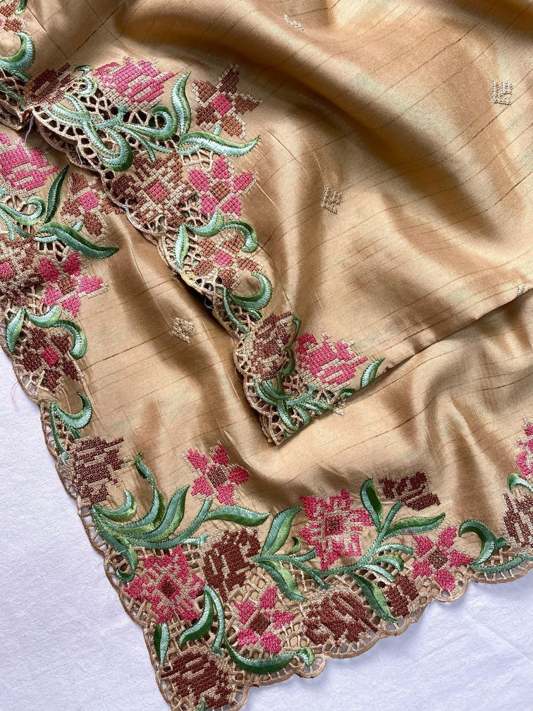 Precious Beige Embroidery Work Tussar Silk Saree With Attractive Blouse Piece - Image 3