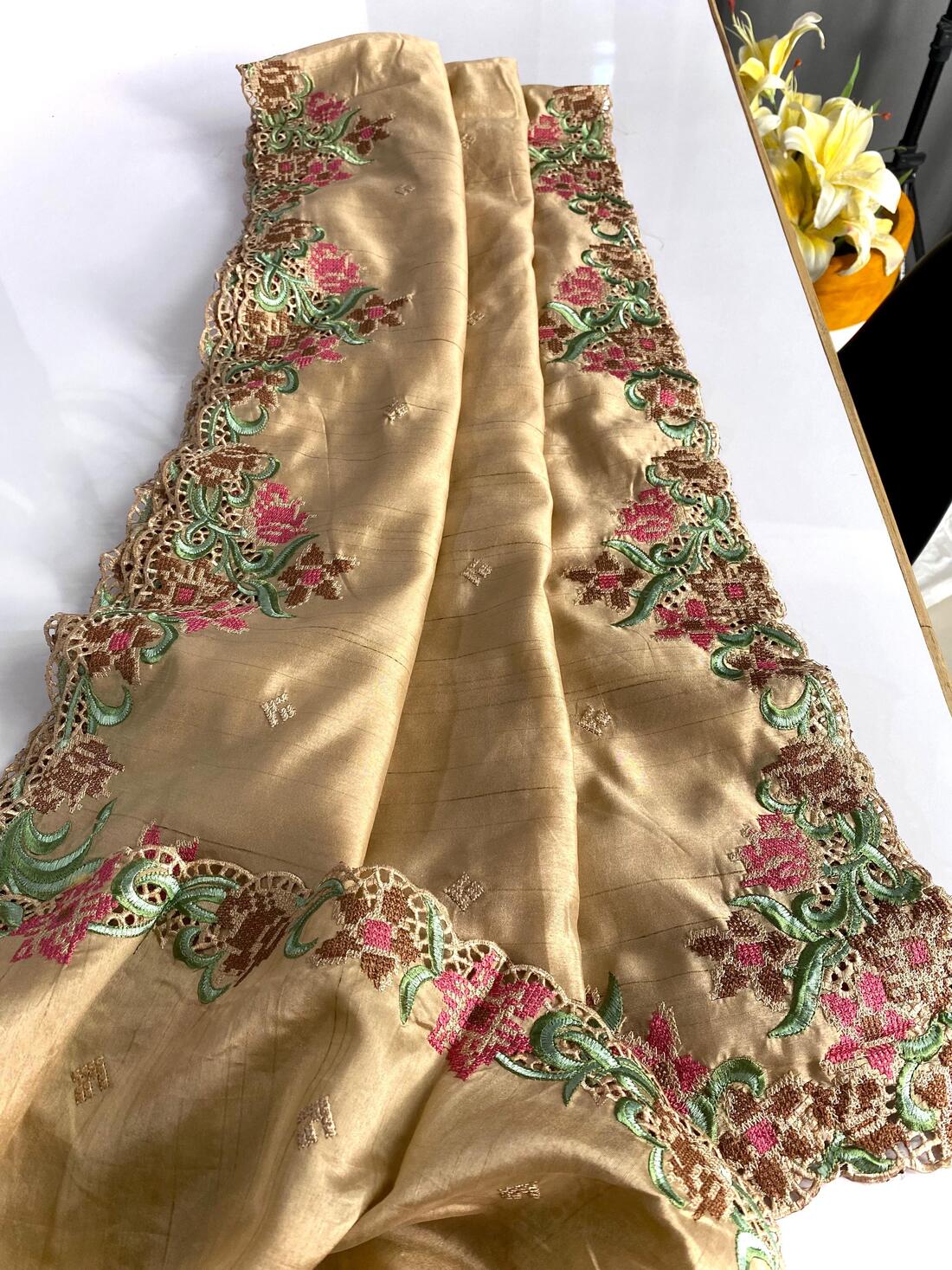 Precious Beige Embroidery Work Tussar Silk Saree With Attractive Blouse Piece - Image 4