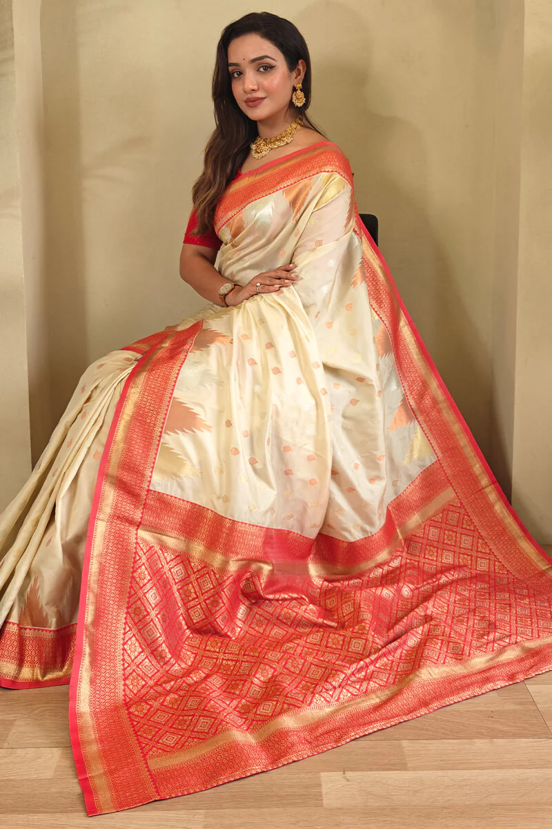 Precious Beige Soft Banarasi Silk Saree With Elegant Blouse Piece - Image 2