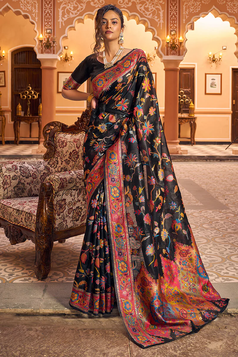 Precious Black Linen Silk Saree With Blooming Blouse Piece - Image 6