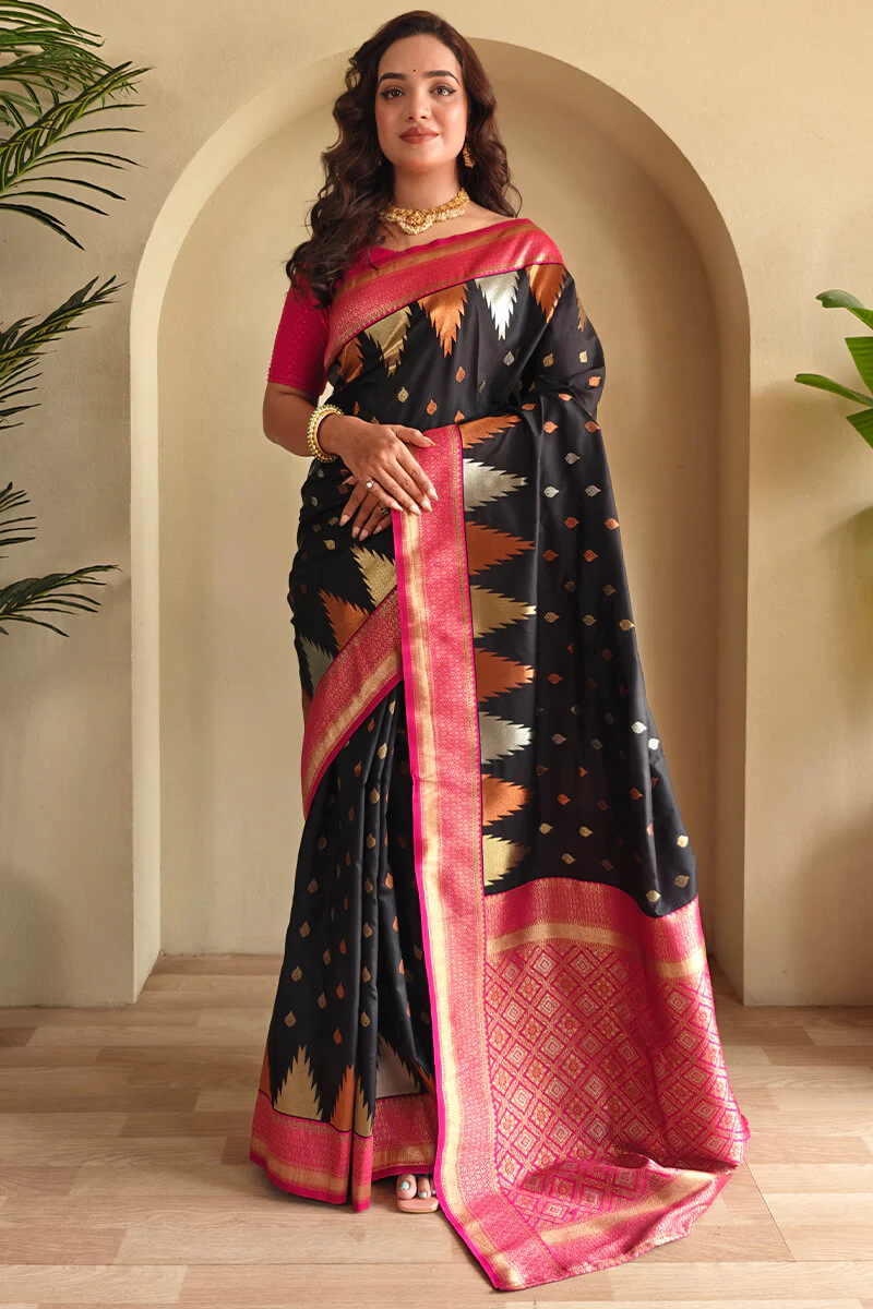 Precious Black Soft Banarasi Silk Saree With Elegant Blouse Piece