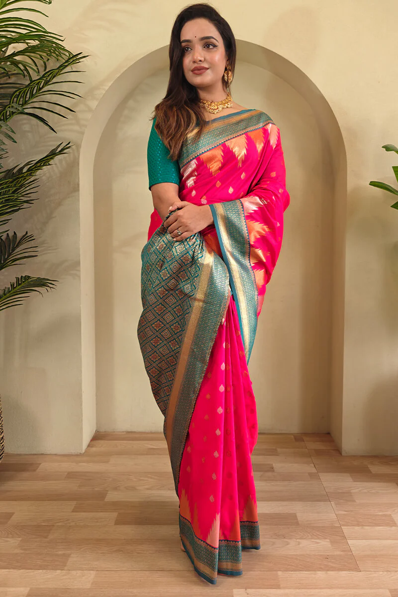 Precious Dark Pink Soft Banarasi Silk Saree With Elegant Blouse Piece - Image 3