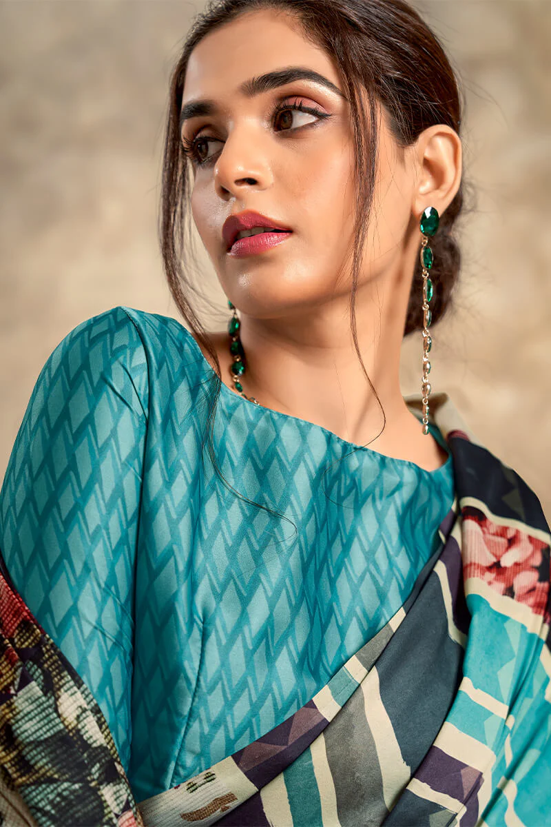 Precious Firozi and Black Digital Printed Satin Silk Saree With Attractive Blouse Piece - Image 2