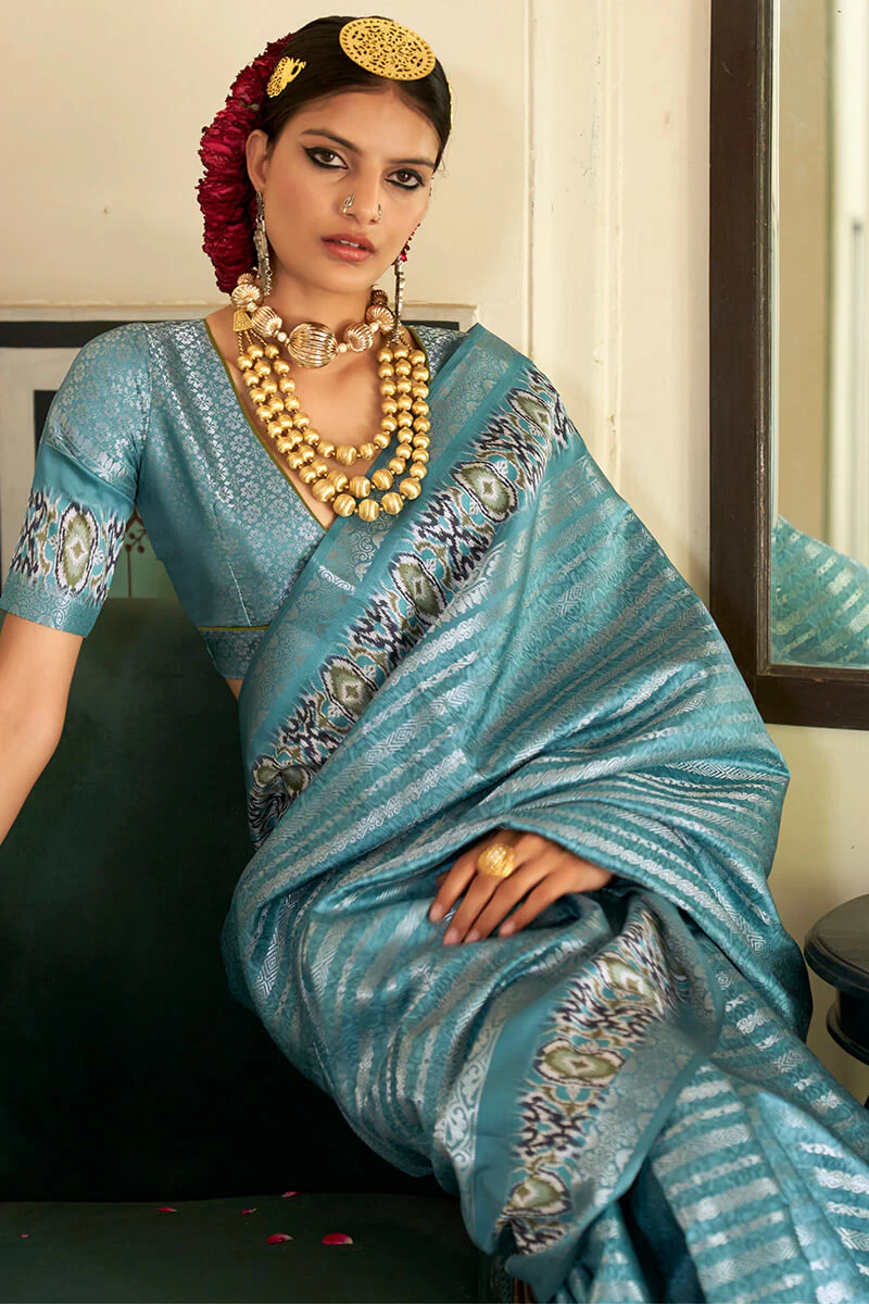 Precious Firozi Digital Printed Soft Silk Saree With Sizzling Blouse Piece - Image 2