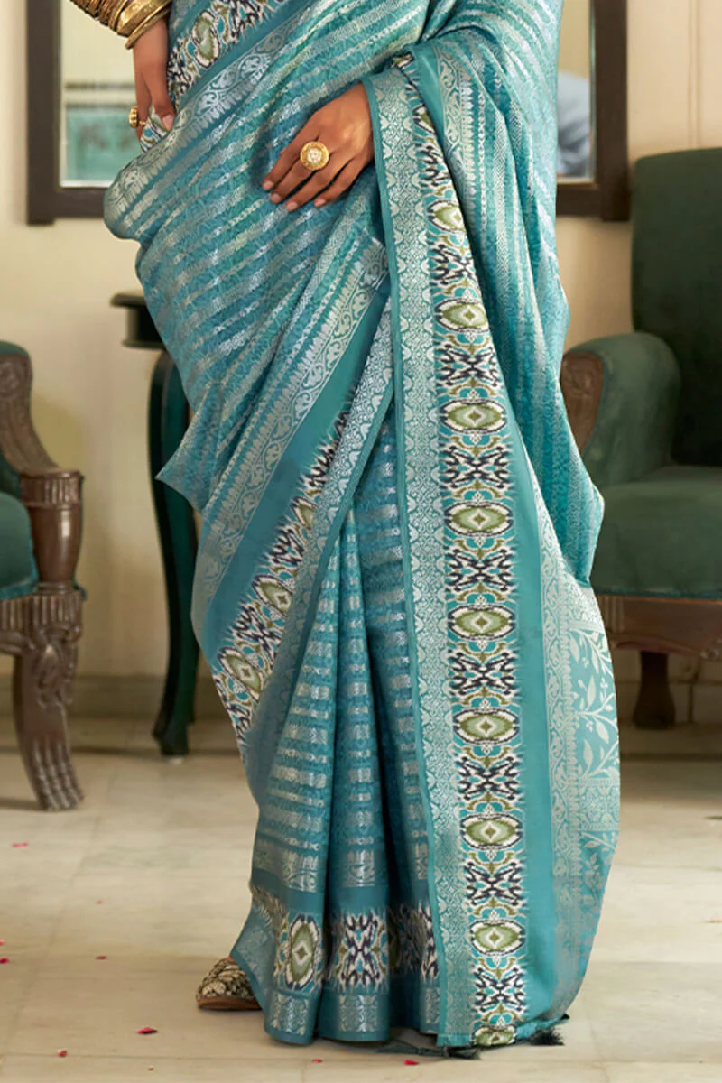 Precious Firozi Digital Printed Soft Silk Saree With Sizzling Blouse Piece - Image 3