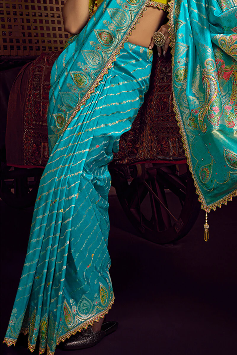 Precious Firozi Pure Viscose Dola Silk Saree With Blooming Blouse Piece - Image 3