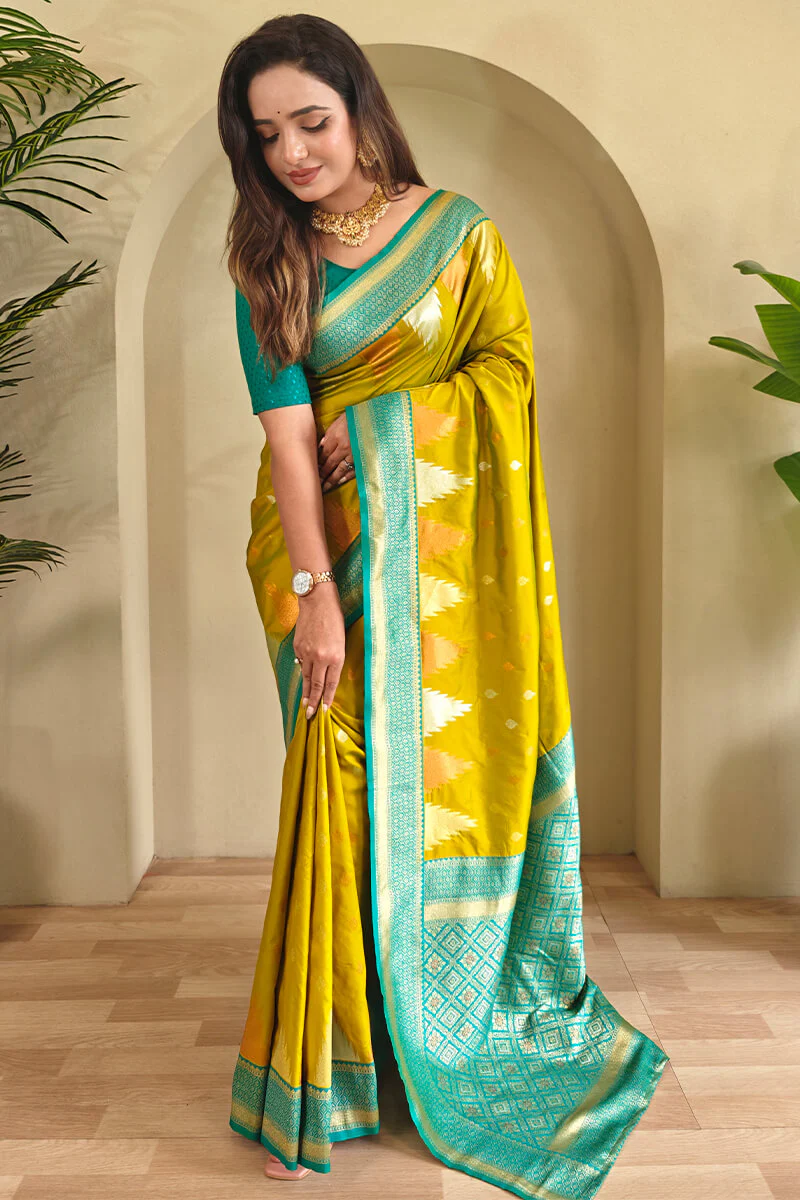 Precious Mehndi Soft Banarasi Silk Saree With Elegant Blouse Piece