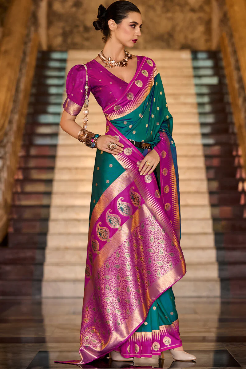 Precious Rama Soft Banarasi Silk Saree With Ailurophile Blouse Piece