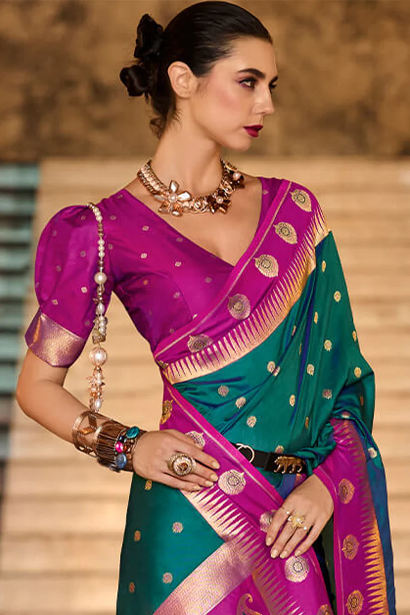 Precious Rama Soft Banarasi Silk Saree With Ailurophile Blouse Piece - Image 3