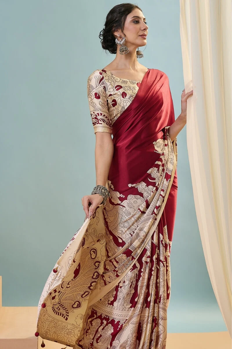 Precious Red Ajrakh Printed Semi Modal Silk Saree With Divine Blouse Piece - Image 5