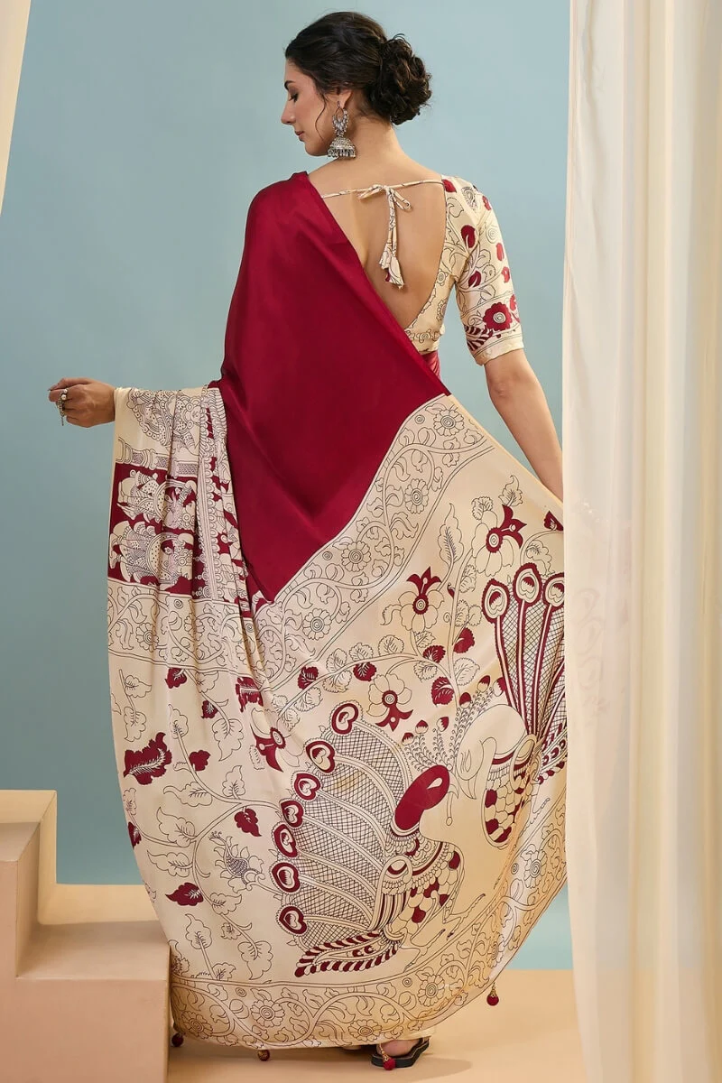 Precious Red Ajrakh Printed Semi Modal Silk Saree With Divine Blouse Piece - Image 7