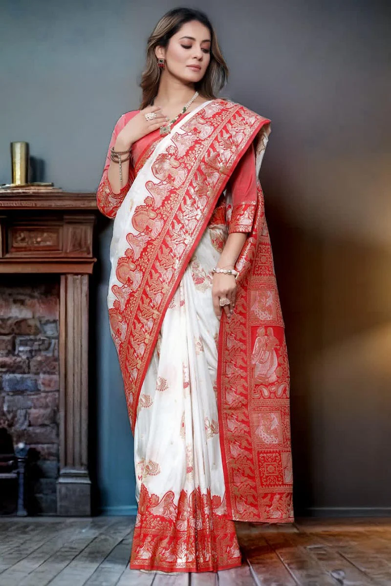 Precious White Soft Banarasi Silk Saree With Capricious Blouse Piece - Image 3
