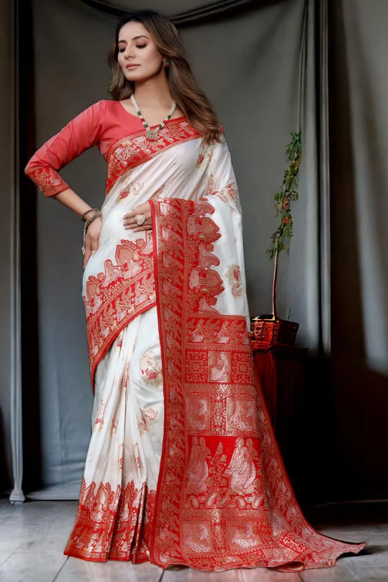 Precious White Soft Banarasi Silk Saree With Capricious Blouse Piece - Image 5