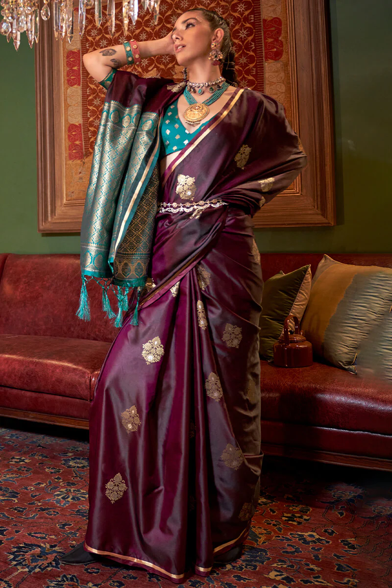 Precious Wine Banarasi Satin Silk Saree With Amazing Blouse - Image 2