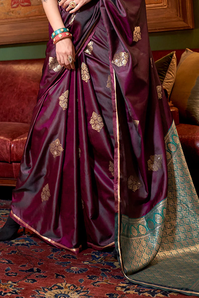 Precious Wine Banarasi Satin Silk Saree With Amazing Blouse - Image 3